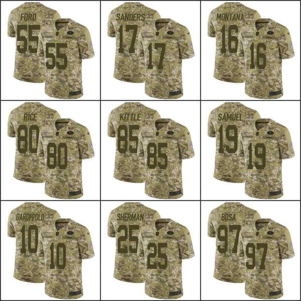 

san francisco 49ernfl #97 nick bosa 85 george kittle 80 jerry rice 16 joe montana camo men women youth limited salute to service jersey, Black