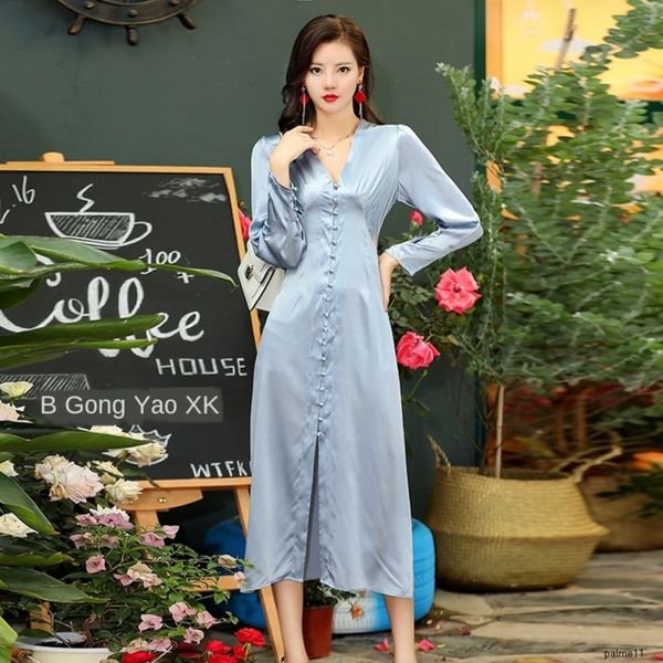 

womens designer satin skirt season elegant v-neck single-breasted mid-length silk dressh, Black;gray