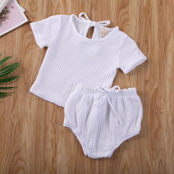 

0-24m newborn kids baby boy girl clothes cotton&linen +shorts pants outfits set, White