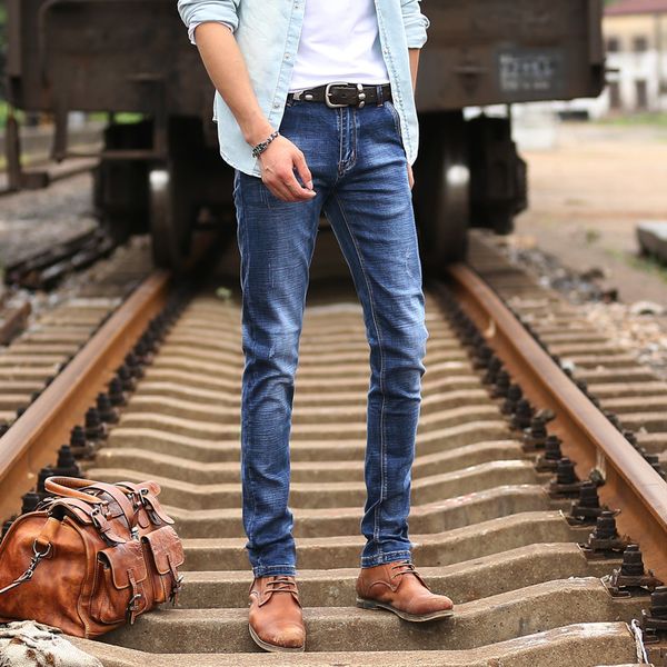 

2019 men's jeans new arrival long pants denim jeans casual straight slim fit solid destroy wash mid-waist male, Blue