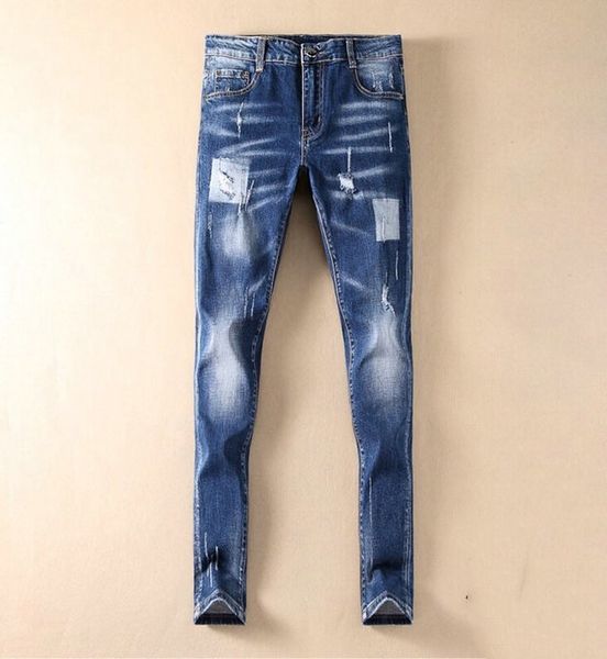 

d2 classic mens designer jeans luxury custom trend trousers bleached hole patch solid color wild spring autumn skinny slim fit jeans, Blue