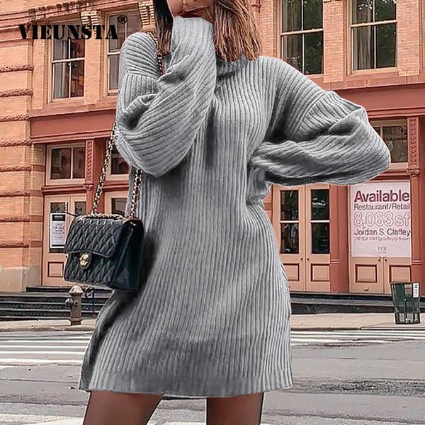 

vieunsta 2xl осень зима rib knit теплый свитер платье женщины водолазку длинные рукава платья партии сексуальное пуловер мини платье, Black;gray