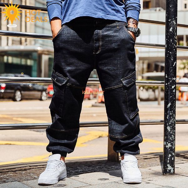 

new men`s retro stretch loose jogger denim pants baggy cargo distressed jeans, Black