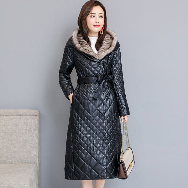 

leather down jackets womens winter long down coats fur hoodies thick warm down parkas windbreaker female plus size clothes m-5xl, Black