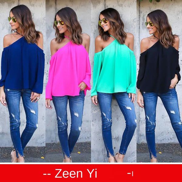 

womens designer shirt sling off-shoulder long sleeve chiffon shirt top, White