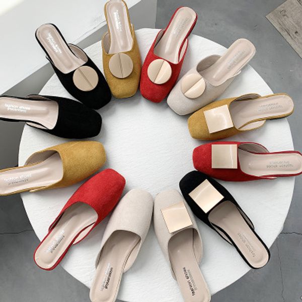 

2020 sandals and slippers female solid color flat bottom half slippers baotou casual shoes summer new squarehead ladieslazyshoes, Black