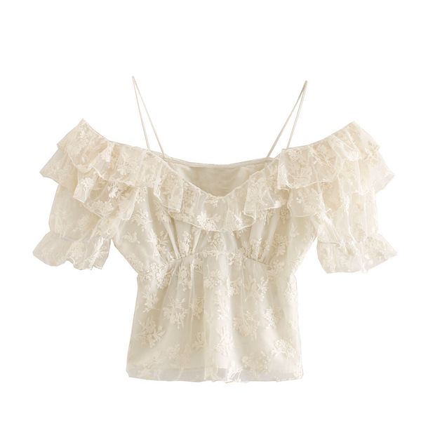 

women's t-shirt fashionable style sling embroidery embroidered collar top, White