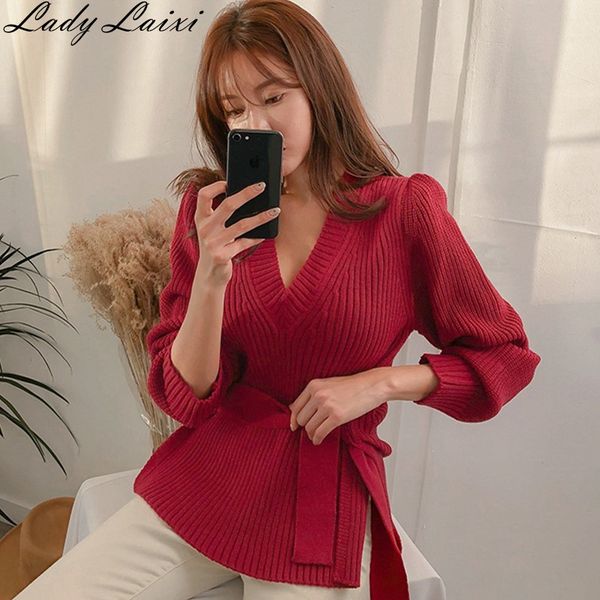 

2019 autumn korean v-neck pullovers sweaters elegant lace-up sweater side split bottoming knitted pullover, White;black