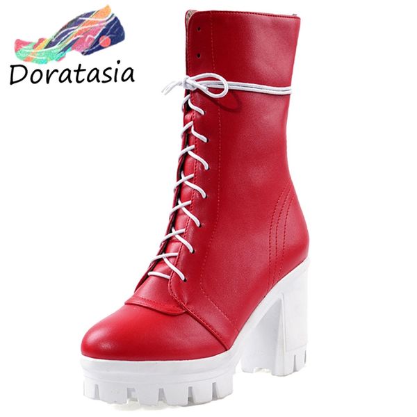 

doratasia big size 34-43 lady fashion high ankle boots women 2019 lace-up platform motorcycle boots high heel shoes woman, Black
