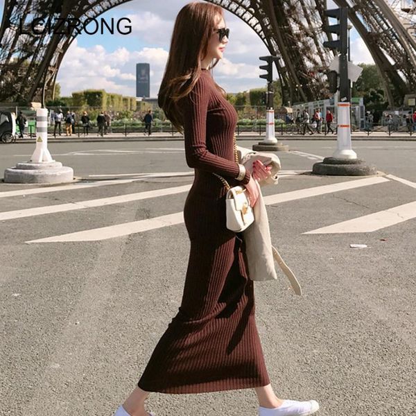 

spring fashion knitting cotton dress women long sleeve o-neck sheath ankle-length dress winter warm slim pullovers sweater, Black;gray