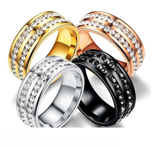 

2 rows crystal ring stainless steel finger rings band rings wedding ring for women men bride fashion wedding fashion jewelry, Golden;silver