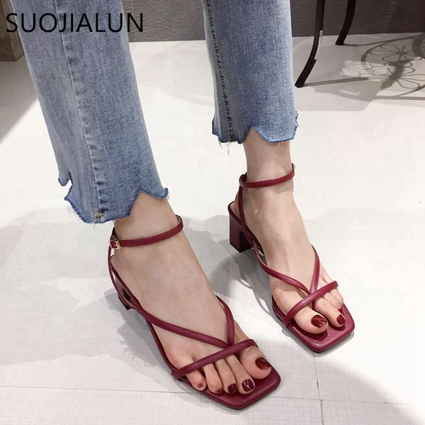 

suojialun 2020 ankle strap women sandals summer fashion narrow band dress shoes high square heel ladies gladiator sandal shoes cx200611, Black
