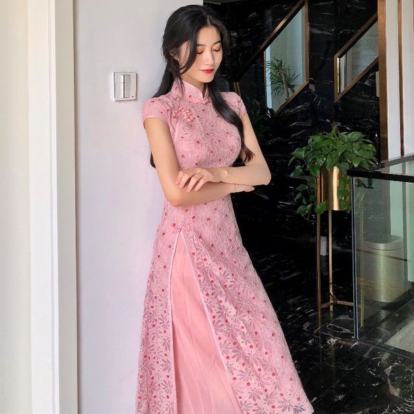 

2019summer lace elegant wedding dress female cheongsam chinese traditional dress long qipao wedding party dresshigh-sloping fork, Red
