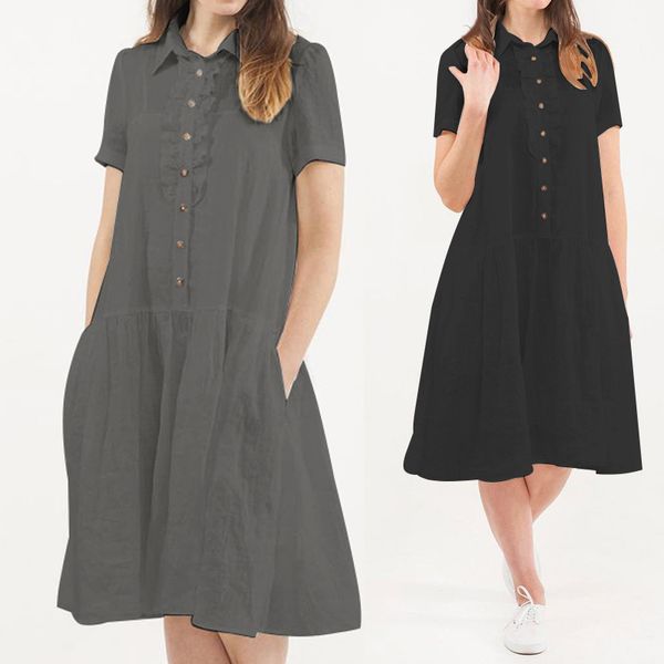 

women retro pleated long shirt dress celmia 2019 summer lapel short sleeve casual solid vestidos baggy buttons midi dress s-5xl, Black;gray