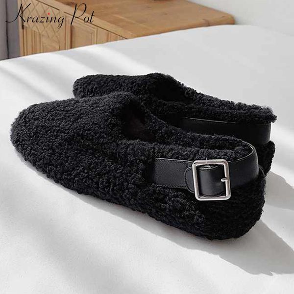 

krazing pot super keep warm fashion lambswool flat shoes belt buckle straps round toe slip on daily wear women cozy shoes l58, Black