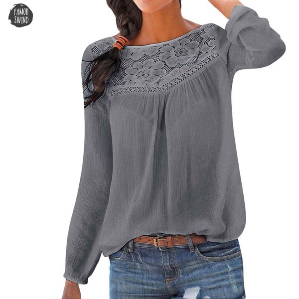 

blouse patchwork lace shirt women casual long sleeve solid color pt large size ladies loose female blusas, White
