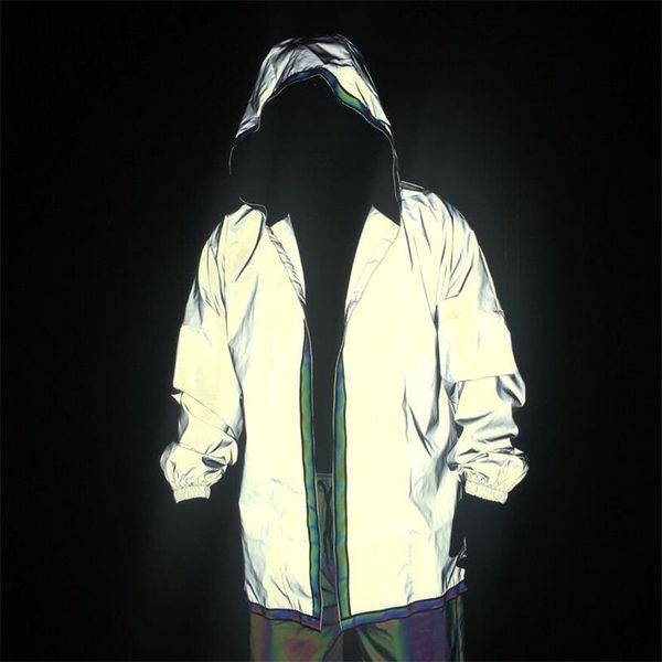 

men's trench coats autumn winter reflective long hooded men zipper jackets casual irregular hem streetwear hip hop homme windbreaker, Tan;black
