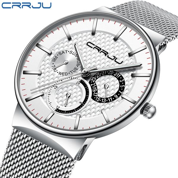 

mens watches crrju brand luxury waterproof ultra thin date clock male steel strap casual quartz watch white sport wristwatch, Slivery;brown