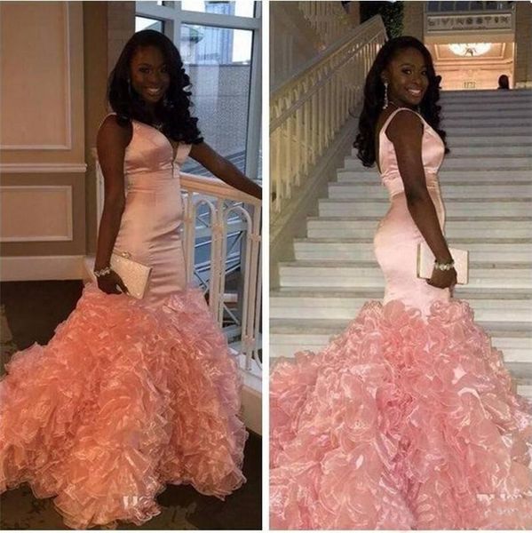 

deep v neck pink mermaid satin prom dresses 2019 tank sleeveless ruffles organza skirt teens prom party dresses, Black