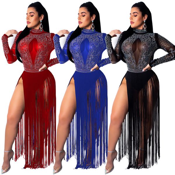 

lady shining crystals mesh bodysuit fringes dress outfit nightclub party wear see through stage costume rave clothes, Black;red