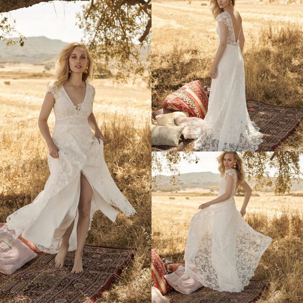 

2020 rembo styling bohemian v neck short sleeve backless front split wedding dresses lace tulle wedding gown sweep train robe de mariÃ©e, White