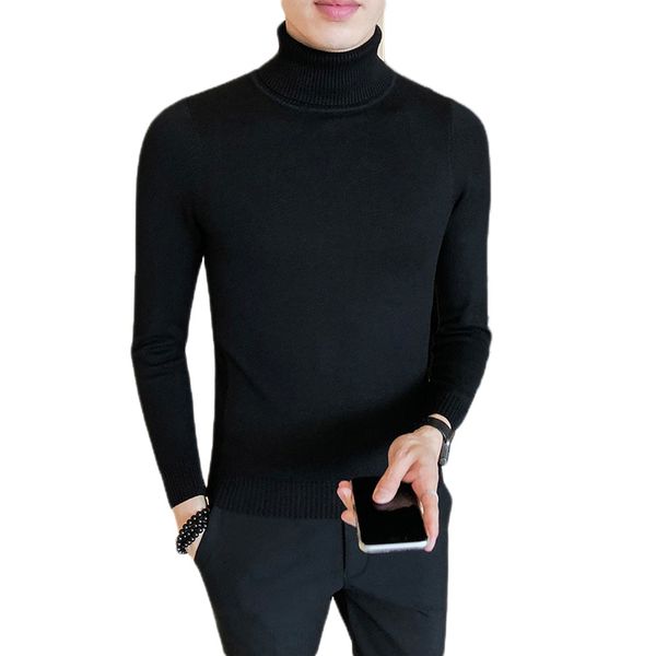 

turtleneck pullover sweater men clothes long sleeve male slim fit casual man autumn winter solid color knitted sweater, White;black