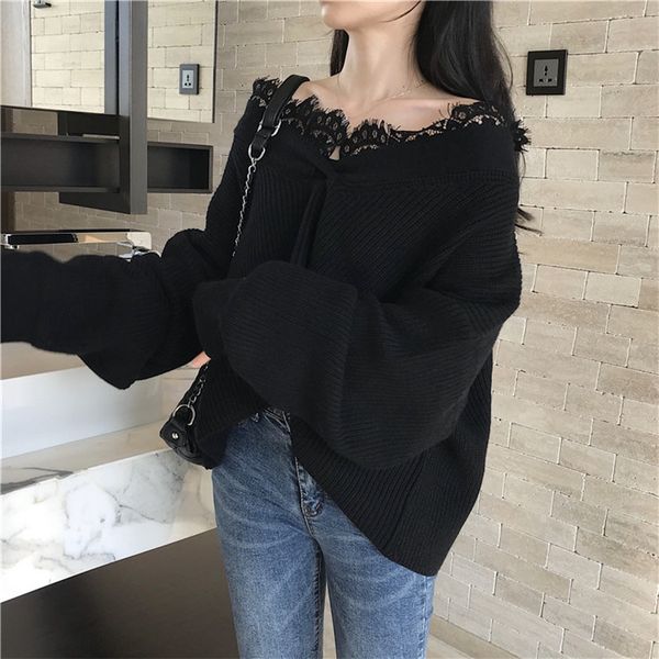 

spring autumn casual knitted v-neck women's clothing sweaters pullovers harajuku style lantern sleeve patchwork lace women, White;black