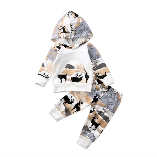 

autumn sell toddler baby boy girl cartoon deer print long sleeve hoodies pants legging casual outfits clothes set 0-24m, White