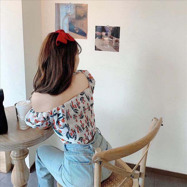 

2020 boutique women's chiffon french jacket short jacket square collar cherry printed waist short shirt women, White
