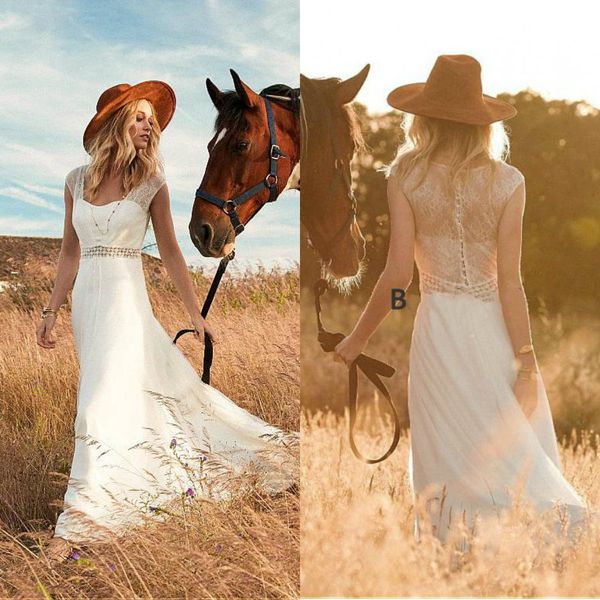 

a line bohemian wedding dresses lace appliqued v neck floor length beach wedding dress chiffon country long vestidos de novia, White