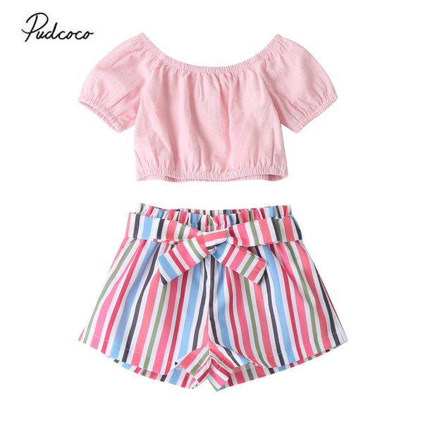 

2020 0-6y summer fashion new kids clothing girls off shoulder pink crop blouse+bow striped shorts toddler baby 2pcs set, White