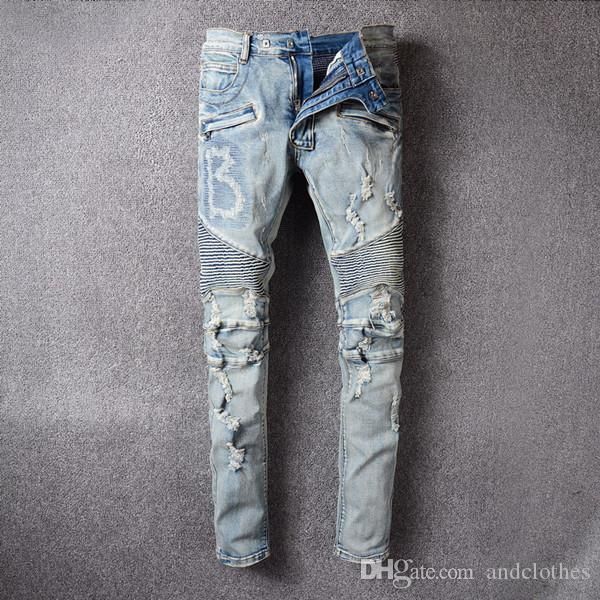 

mens 2019 luxury designer jeans apparel fashion trousers mens washed patch collage tight-fitting elastic hole jeans luxury pants, Blue