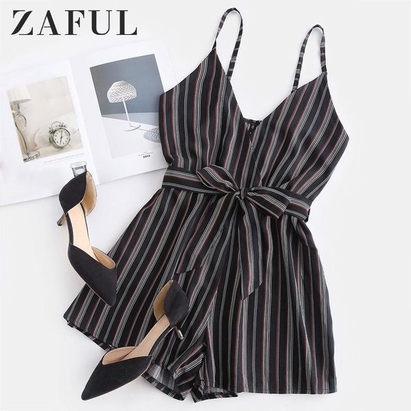 

zaful cami striped surplice romper women clothing 2019 summer boho spaghetti strap sleeveless belt palysuits ladies overalls, Black;white