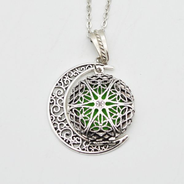

round fligree locket with moon charm pendant essential oil diffuser necklace locket jewelry for women gifts, Silver