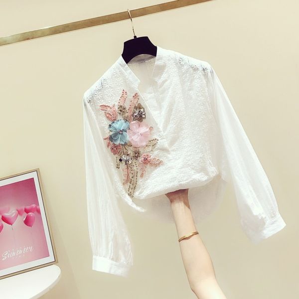 

2020 весна новый sequined вышитые цветок v-образным вырезом с длинными рукавами рубашки женщин вскользь верхние части цветка блузы женские б, White