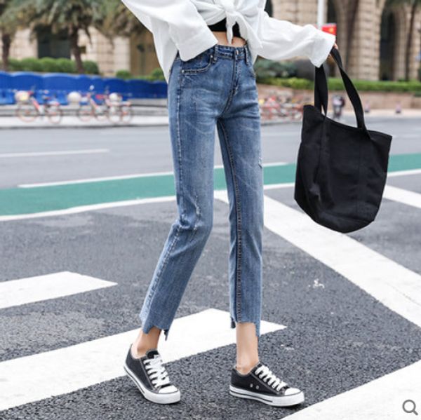 

light blue female fashion joker show thin students straight jeans pants of irregular hole in nine minutes of pants