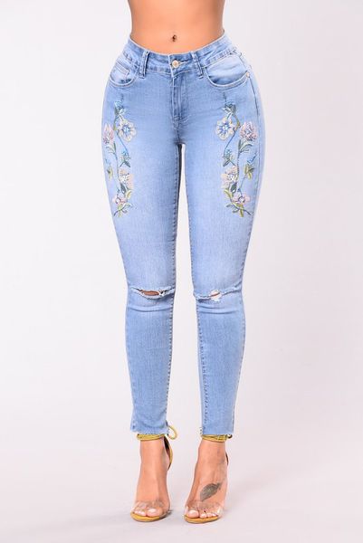 

вышивка цветок джинсы женщины цветочные высокая талия тощий тонкий длинные джинсы карандаш брюки светло-синий стрейч рваные джинсовые брюки, Blue