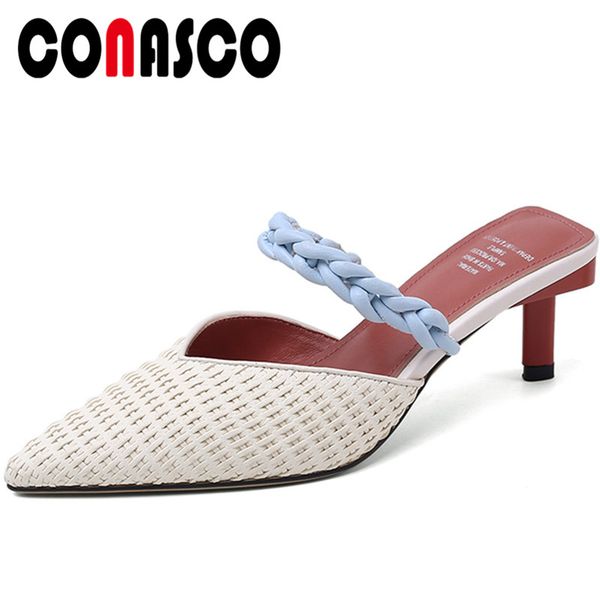 

conasco summer new elegant casual women cow leather sandals slippers pumps weave shallow pointed toe thin high heels shoes woman, Black