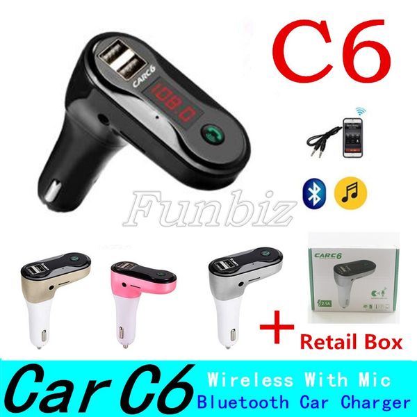 C6 FM Transmissor Aux Modulador Sem Fio Bluetooth Handsfree Kit de Carro Audio Audio MP3 Player com Dual USB Car Charger TF SD USB 100pcs