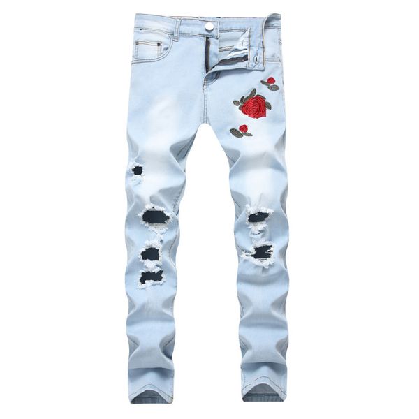 

роскошные мужчины конструктор джинсы hole вышитые роза zipper высокого качества мужчин джинсы мотоцикла байкер правда марка hop hip мужчины, Blue