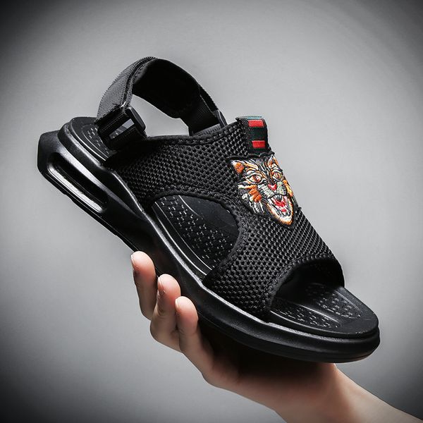 

sandals men summer new gladiator roman fashion shoes summer flip flops flat indestructible breathable slippers netcloth footwear, Black