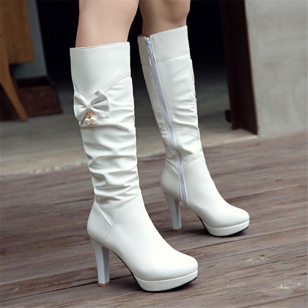 

sarairis 2019 plus size 32-43 add fur warm winter boots women shoes woman chunky high heels mid calf boots female, Black