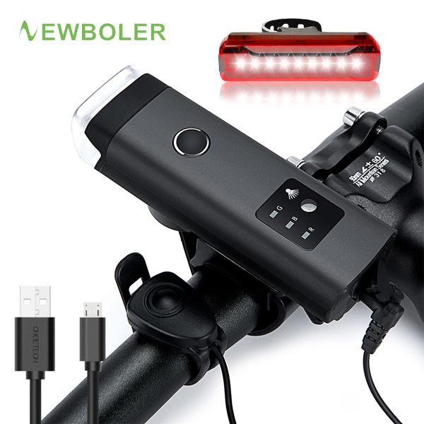 

newboler 350 lumens bicycle light with horn usb rechargeable smart led bike front rear light set for cycling bike accessories
