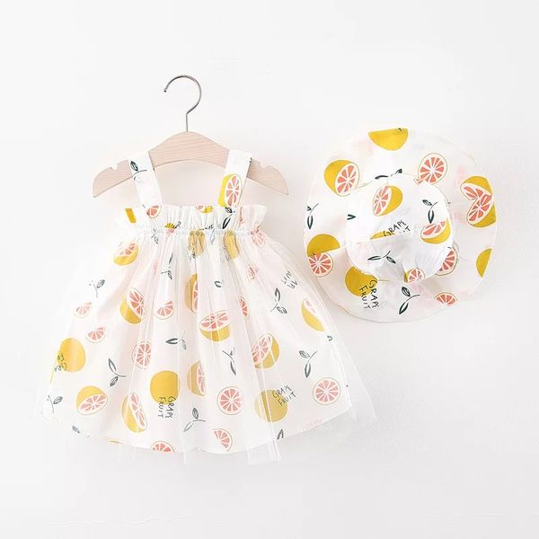 

мода лето baby girl платье хлопка печати лимонный новорожденного платье с hat 2 шт одежда набор принцессы партии день рождения, Red;yellow
