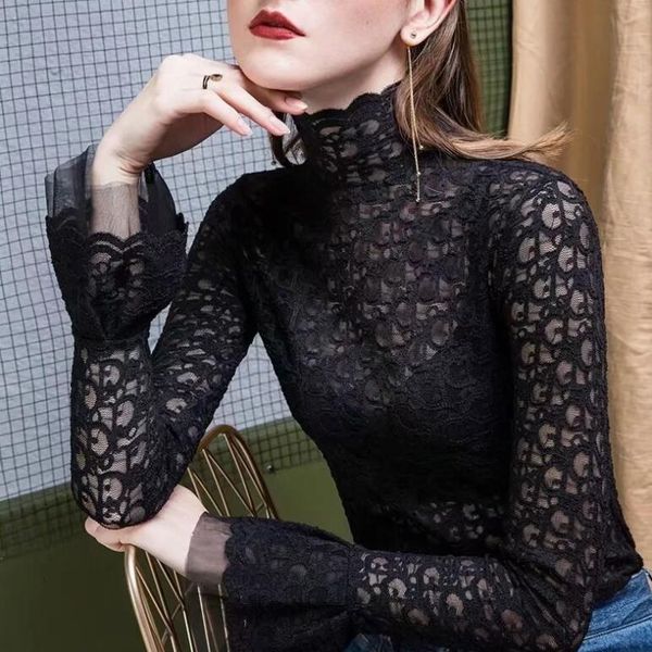 

latest designer luxury for women's embroidered letter long-sleeve t-shirt web celebrity high collar temperament lace versatile long-sle, White