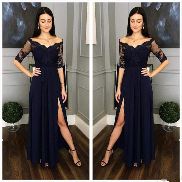 

elegant a-line lace long evening dresses half sleeves applique off the shoulder chiffon split floor length formal party prom dresses 69, Black;red