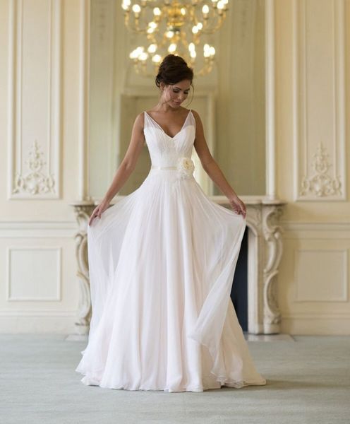 

simple handmade flowers beach wedding dresses bridal gown v neck backless tulle floor length long ruched wedding reception dress, White