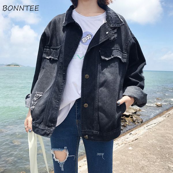 

жакеты женщины 2020 новая черная дыра ретро джинсовой полный рукав женская куртка корейский все матча простой отдых классический daily chic, Black;brown