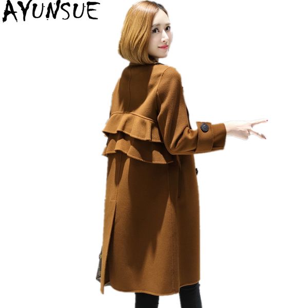 

ayunsue 2019 new spring autumn double-side cashmere coats long 100% wool coat female korean ruffles winter jacket women ks1728, Black