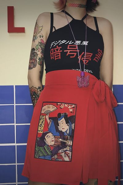 

chinese wind retro vintage japanese tuku girl red half-length skirt short skirts, Black